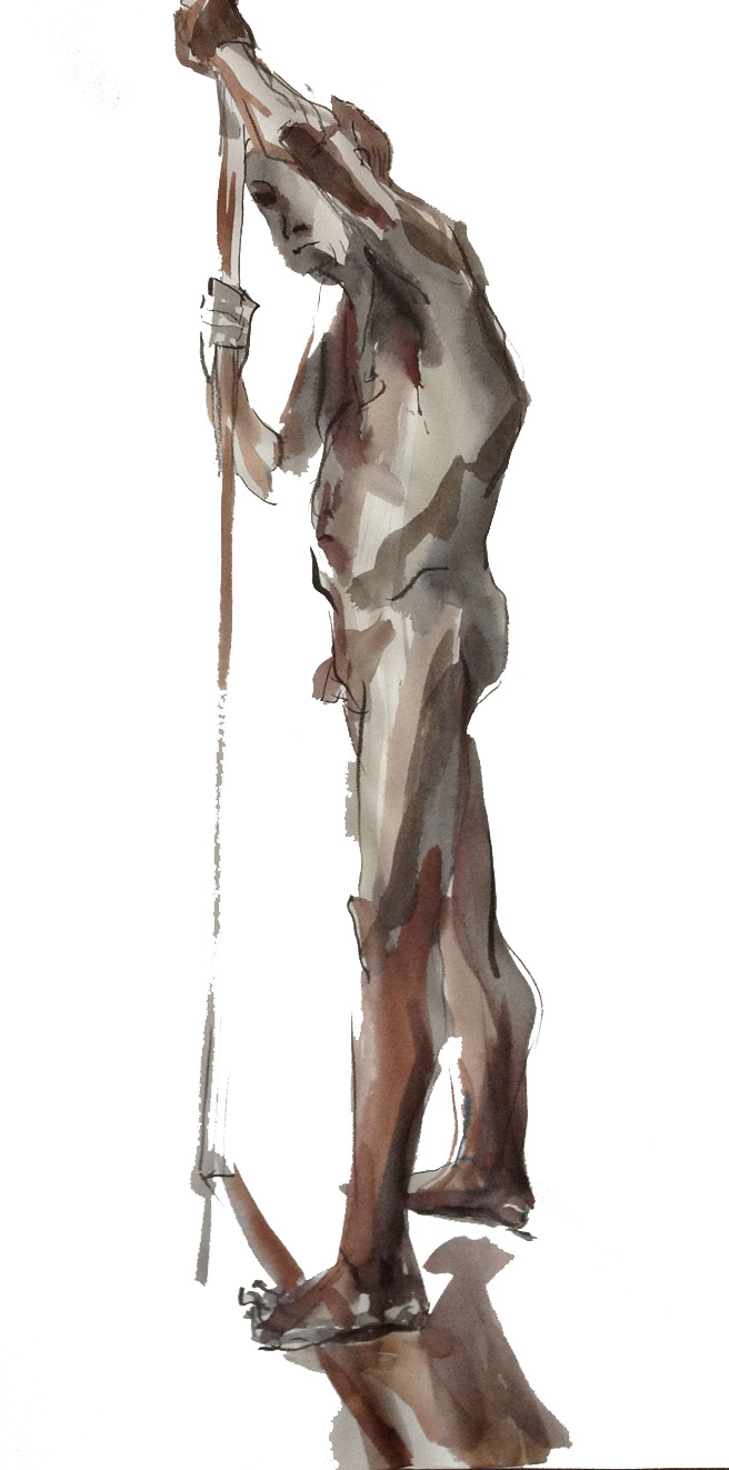 croquis tegning af mand med stok 60x30