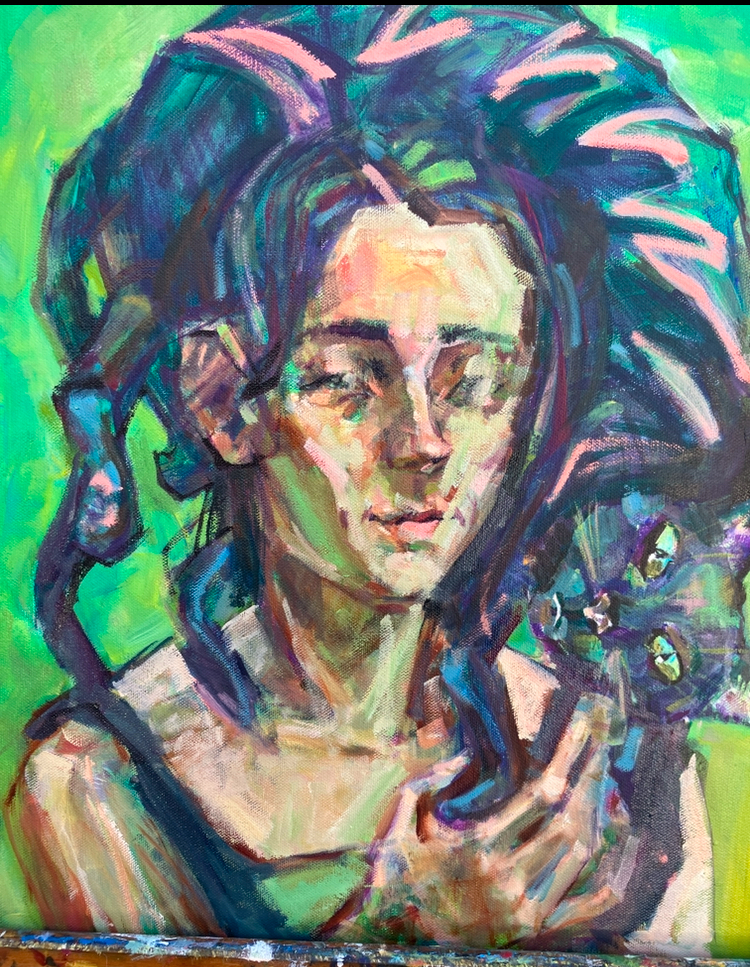 Grøn portræt med kat kunstner Xenia Michaelsen